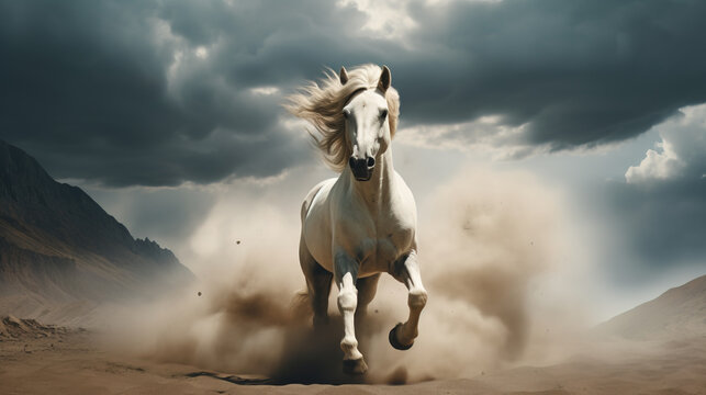 Majestic white horse running in wilderness, Generative AI illustration