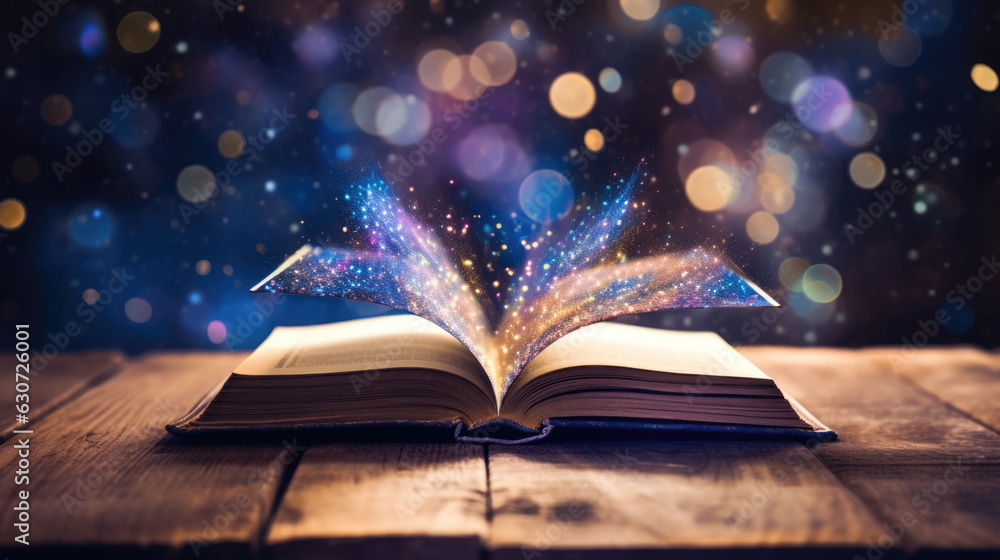 Poster magic book with open antique pages and abstract bokeh lights glowing in dark background. created wit
