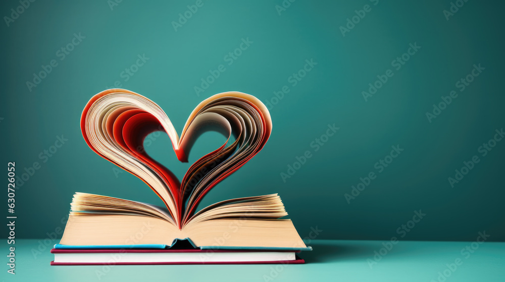Poster open book pages in shape of heart on blue background.created with generative ai technology.