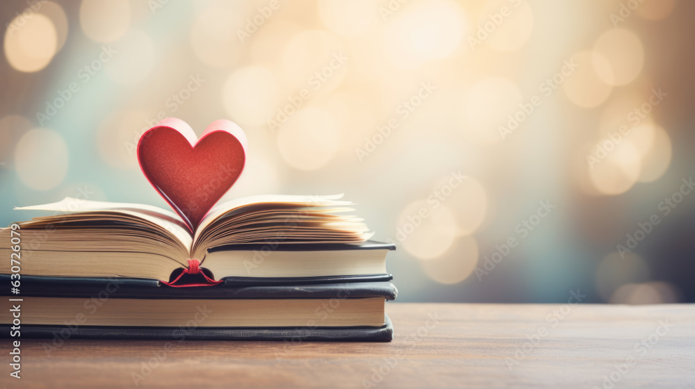 Poster red paper heart on open book on blurred background.created with generative ai technology.