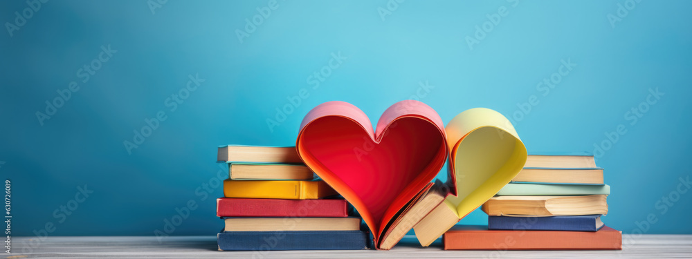 Poster open book with curled leaves in the shape of a heart on blue background.created with generative ai t