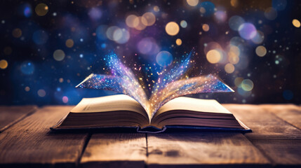 Magic Book With Open Antique Pages And Abstract Bokeh Lights Glowing In Dark Background. Created with Generative AI technology.