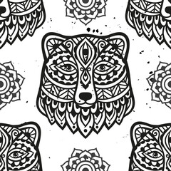 Bear mandala ornament. Vector illustration. Flower Ethnic drawing. Bear animal nature in Zen boho style. Coloring page black and white