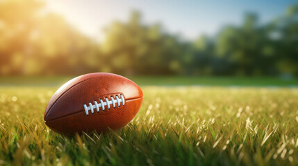 Сlose up 3d rendering of a leather ball for American football in focus on a green grass background.