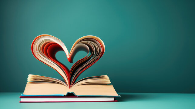 Open Book pages in shape of heart on blue background.Created with Generative AI technology. - Powered by Adobe