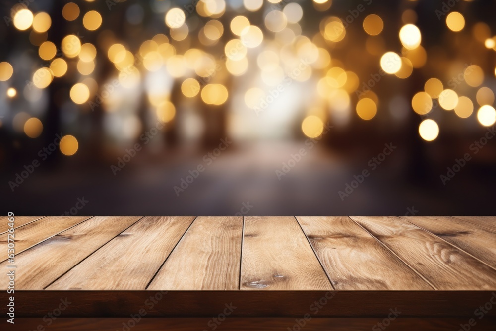 Poster empty wooden table and bokeh background. for product display, generate ai