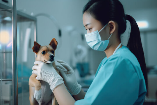 Veterinarian, an asian animal doctor checking a dog at a vet clinic, AI generative