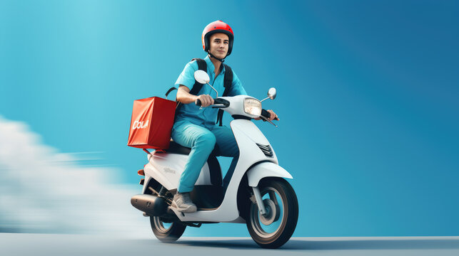 Young guy on a scooter delivers food to a customer through the air. Delivery concept.