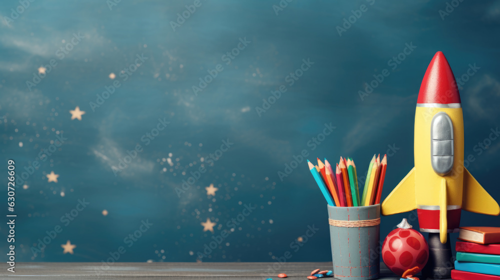 Poster back to school concept with a rocket, pencils on a chalkboard background. created with generative ai