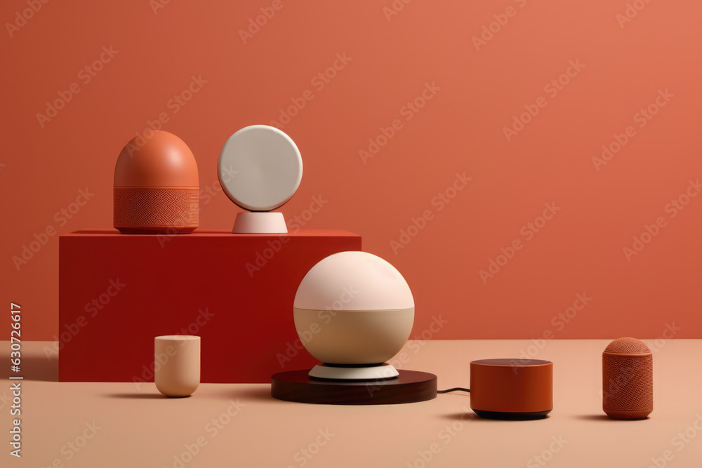 Poster a group of objects sitting on top of a table. digital image.