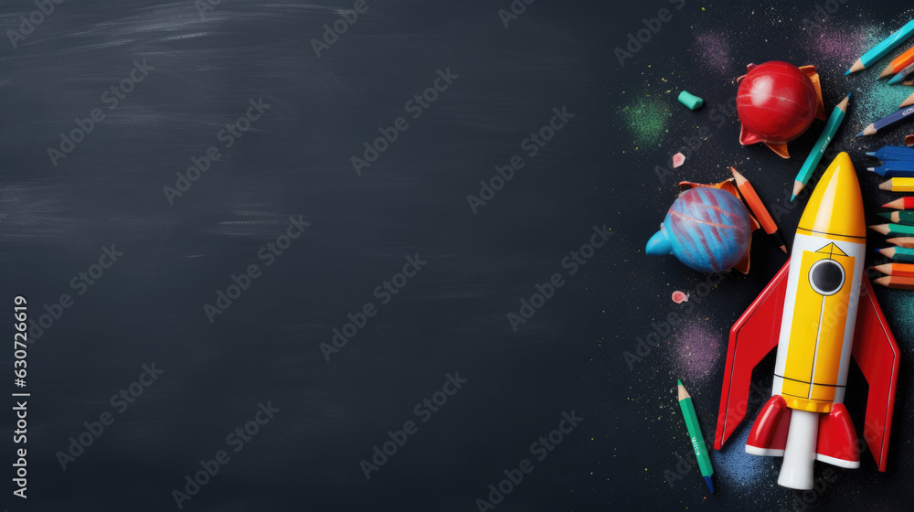 Poster back to school concept with a rocket, pencils on a chalkboard background. created with generative ai