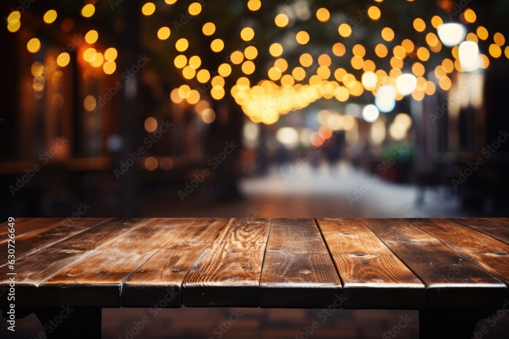 Poster empty wooden table and bokeh background. for product display, generate ai