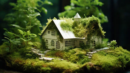 Fototapeta na wymiar A small toy house with moss on the roof. Symbol of care for nature and clean energy