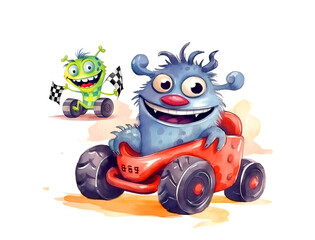 Cute monster watercolor painting on white