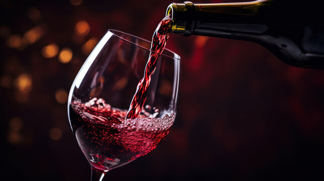 Macro photo. Pouring red wine into a wineglass.