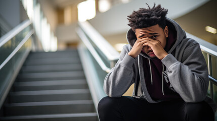 Young guy student sitting on the stairs depressed.
