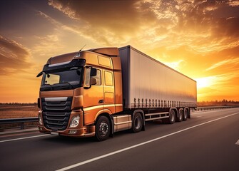 Semi Trailer Trucks the Parking lot at The Sunset Sky. Delivery Trucks. Cargo Shipping. Lorry. Industry Freight Truck Logistics Cargo Transport. Created with Generative AI technology.