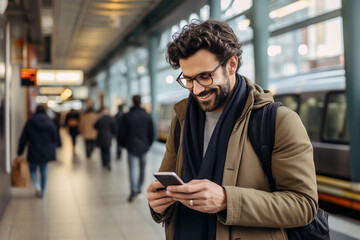 Young man using smart phone while waiting for train at the station.