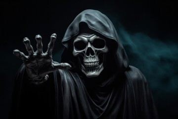 Death or Grim reaper reaches out to the person and approaches. The concept of fears and phobias. Halloween concept.