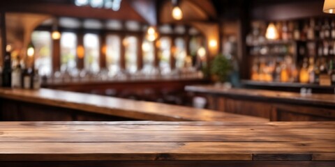Rustic Bar or Pub Setting: Empty Wooden Table with Blurred Background for Product Display - High-Quality Stock Footage