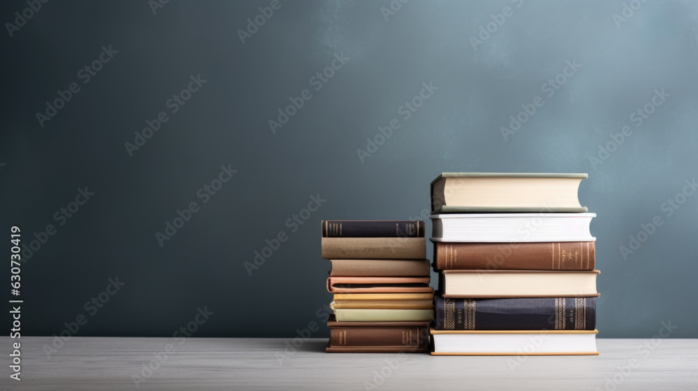 Poster a stack of books on a table against a gray wall.created with generative ai technology.