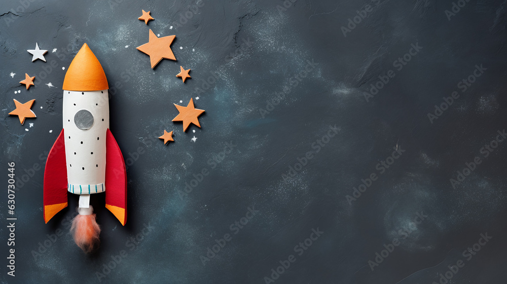 Poster back to school concept with a rocket, pencils on a chalkboard background. created with generative ai