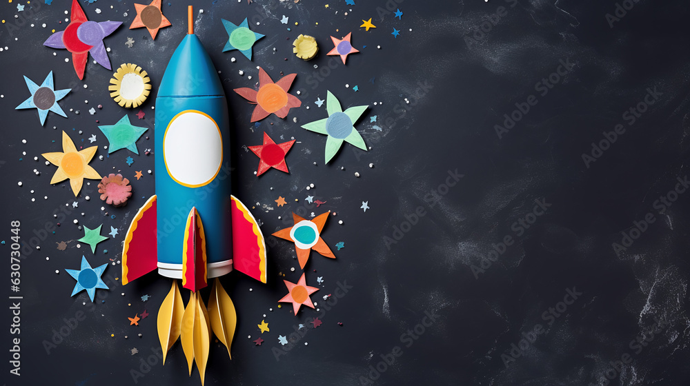 Poster back to school concept with a rocket, pencils on a chalkboard background. created with generative ai