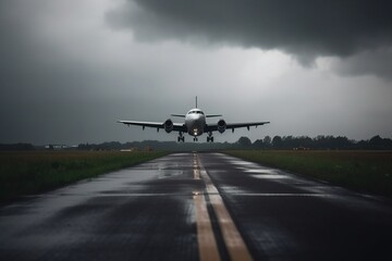 Fototapeta na wymiar Plane in the rainy moody sky
