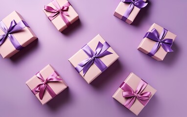 Obraz na płótnie Canvas Gift boxes, presents on purple background. Flat lay, top view. Generative Ai