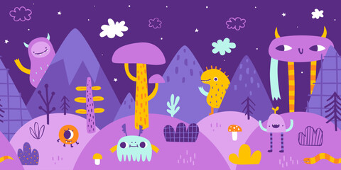 Surreal landscape panorama with quirky monsters. Abstract bottom border with strange creatures.