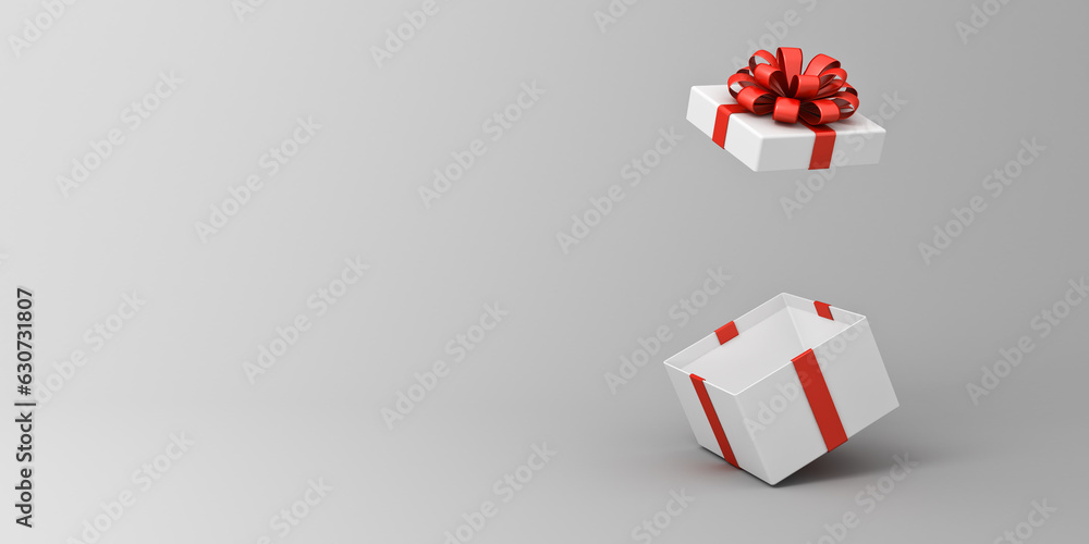 Poster Blank white present box open or gift box with red ribbons and bow isolated on white grey background with shadow and blank space minimal conceptual 3D rendering