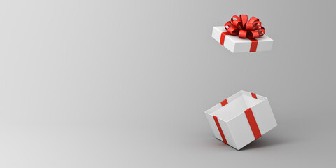 Blank white present box open or gift box with red ribbons and bow isolated on white grey background with shadow and blank space minimal conceptual 3D rendering - obrazy, fototapety, plakaty