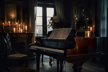 A piano sitting in a dark room with candles.