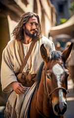 Jesus Christ enters Jerusalem on the back of a donkey