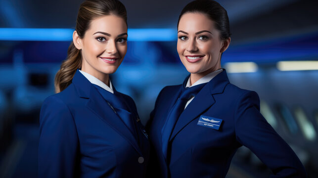 Flight attendants in the background of a passenger airplane.