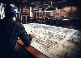 Concept architects, engineer holding pen pointing equipment architects On the desk with a blueprint in the office, Vintage, Created with Generative AI technology.
