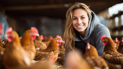 Woman poultry farmer smiles surrounded by chickens on a farm.