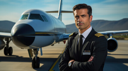 Commercial flight pilot stands in front of a passenger airplane. - obrazy, fototapety, plakaty