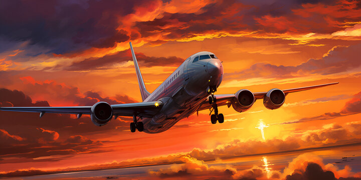 Airplane fly  in the sky at sunrise or sunset An airplane taking  at sunset with vibrant colors painting the sky Capturing Airplane Flight at Sunrise/Sunset