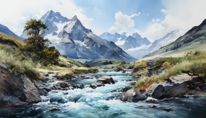 high snow-capped mountains with mountain stormy river watercolor style