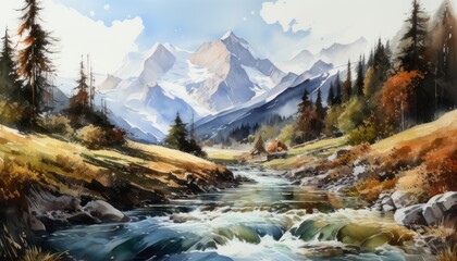Fototapeta na wymiar high snow-capped mountains with mountain stormy river watercolor style