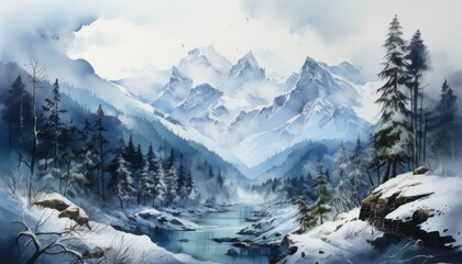 Fototapeta na wymiar high snow-capped mountains watercolor style Gothic style 