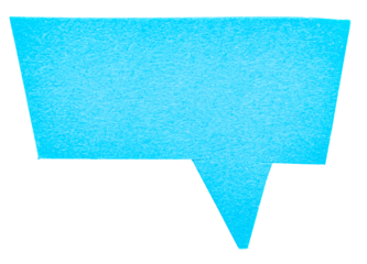 Blue blank cut out paper cardboard speech bubble of rectangular shape with copy space for text on transparent or white background
