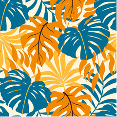 Trendy tropical pattern with bright plants and leaves on a beige background. Beautiful seamless vector floral pattern. Modern abstract design for fabric, paper, interior decor.
