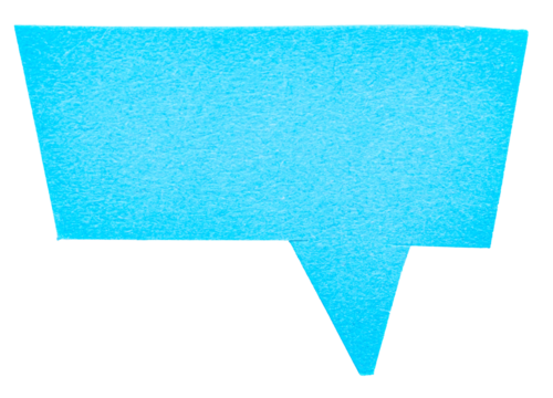 Blue blank cut out paper cardboard speech bubble of rectangular shape with copy space for text on transparent or white background
