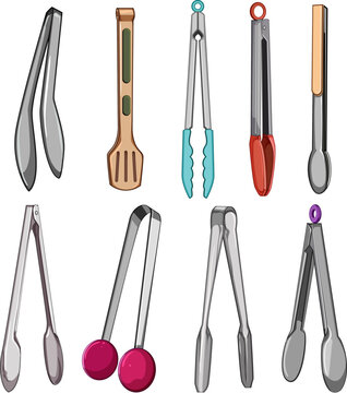 tongs hand set cartoon. tong kitchen, grill ice, outdoor line tongs hand sign. isolated symbol vector illustration