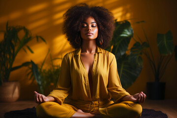 Young afro-american woman practicing breathing yoga pranayama in flat apartment. Unity connection with yourself, meditating for inner peace zen and balance, stable mental health concept. Generative AI - obrazy, fototapety, plakaty