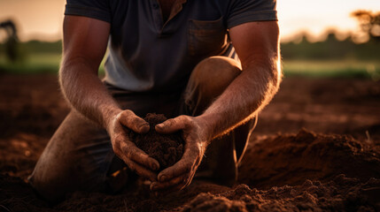 Man holding some dark soil in hands.