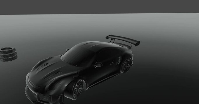 3D animation of a sports car driving rings in grey and black with skid marks