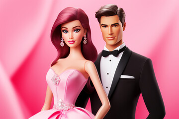 Elegant in evening dresses plastic dolls, boy and girl, on a pink background with a place for text.